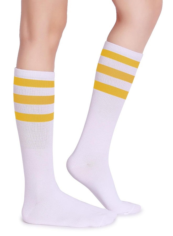 Pareberry Classic Triple Stripes Soft Cotton On the Calf Retro White Tube Socks (A-pair(Yellow/White)) - Image 1